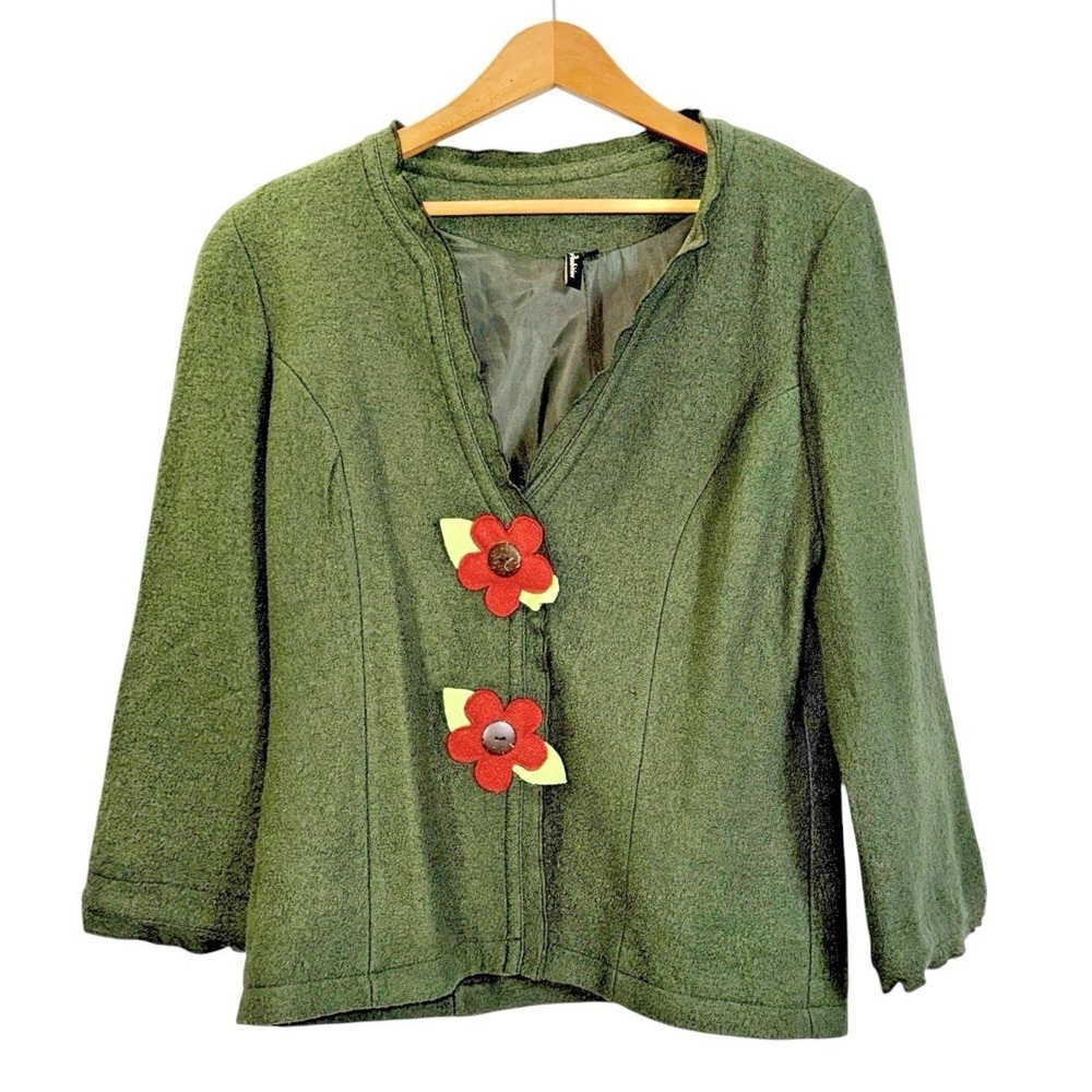 Ambition Wool Blend Blazer Women Large Pre-Owned Jacket Green Flower Button